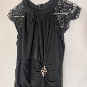 Betsy & Adam Formal Black Dress with lace top and jeweled broach, size 10